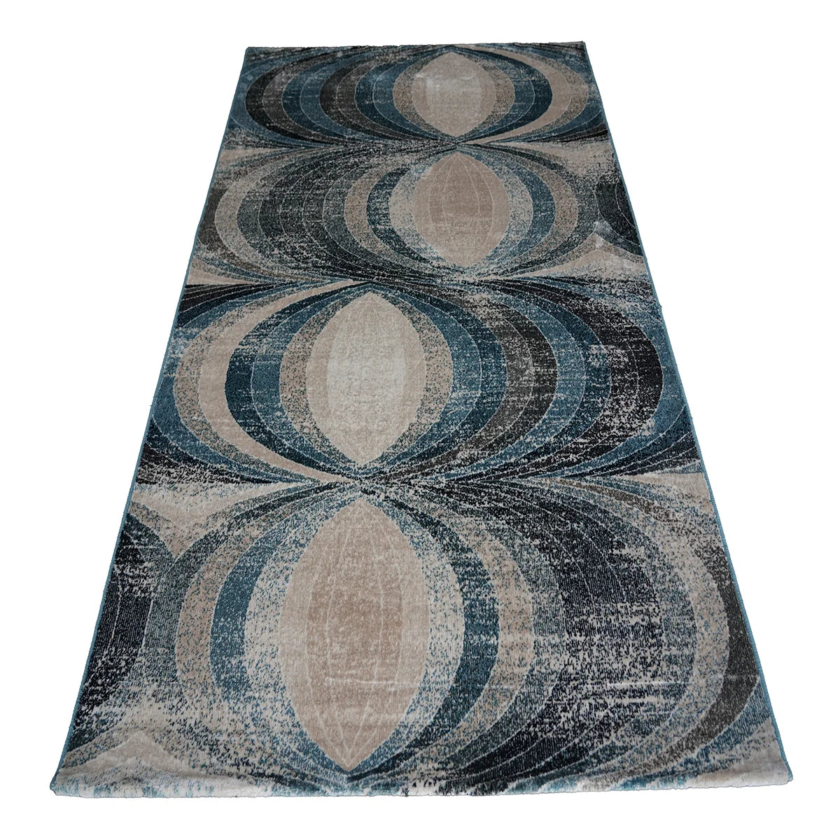 Modern Geometric Pattern Machine-Made Rug in Blue & Beige Tones
