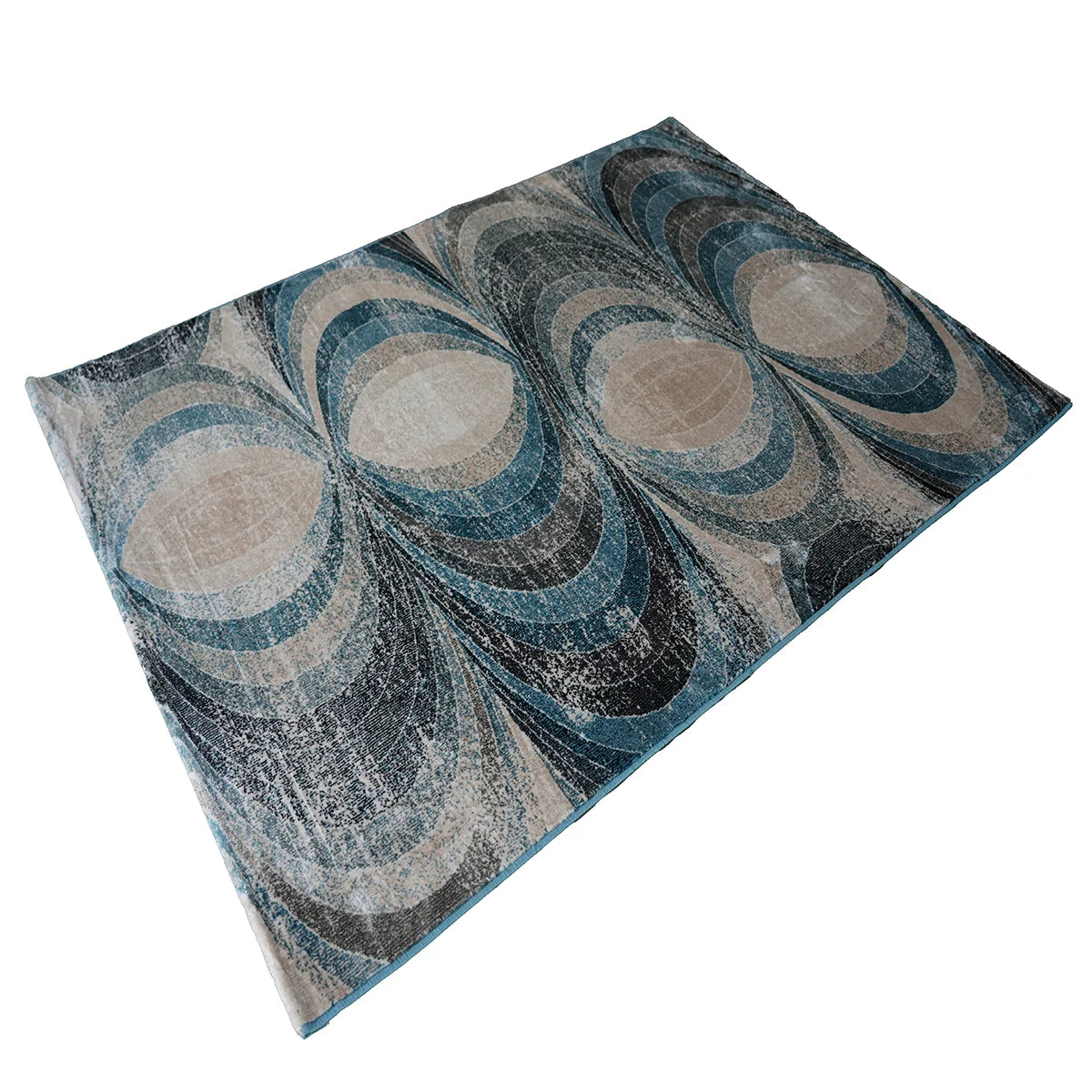 Modern Geometric Pattern Machine-Made Rug in Blue & Beige Tones