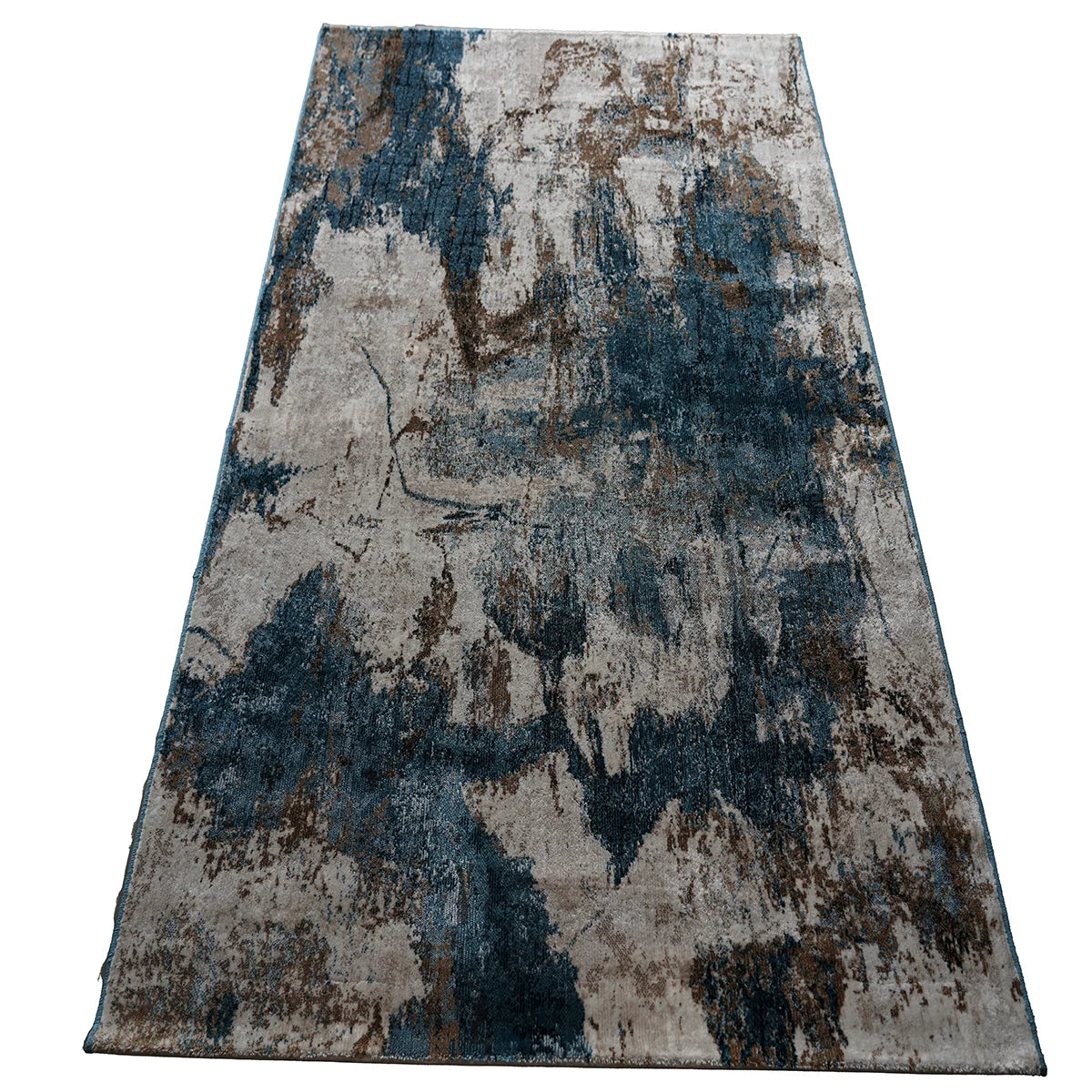 Abstract Blue & Beige Machine-Made Rug – Contemporary Area Carpet
